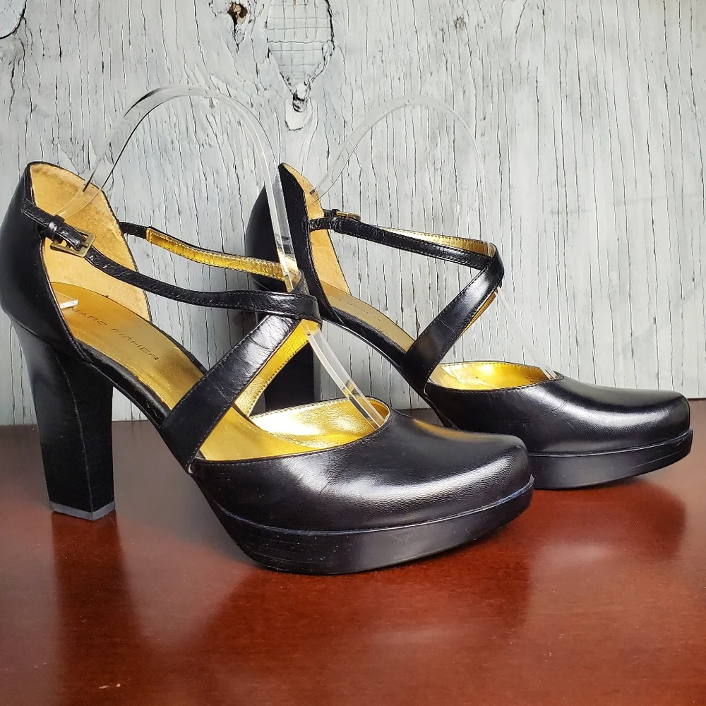 Marc Fisher MFLOLA Genuine Leather Cross Strap Platform Heel, 10, Black